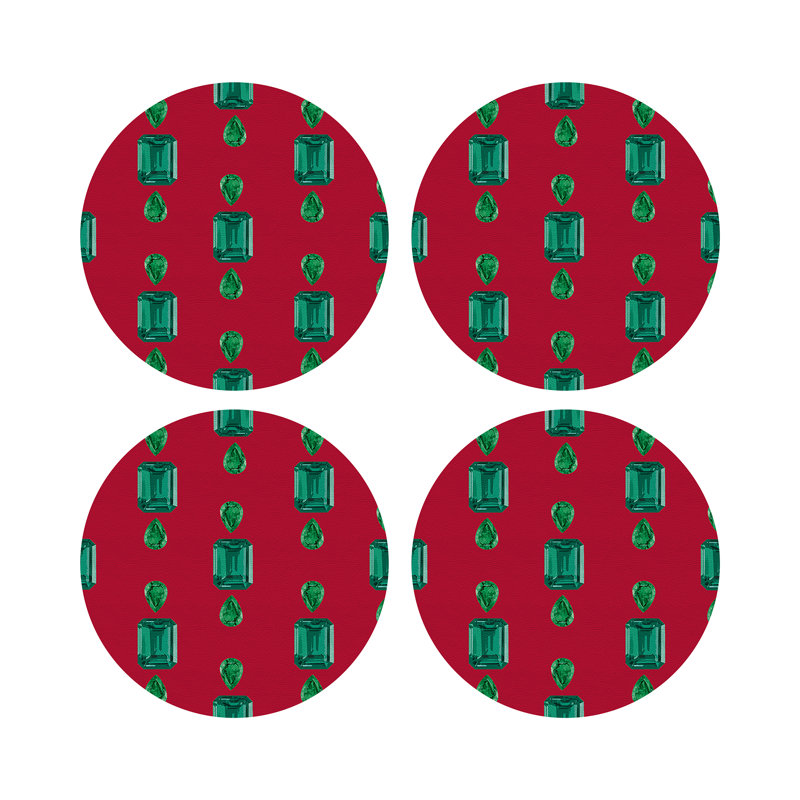 Gem Emeralds Vegan Leather Round Pebble Placemat, Emeralds, Red
