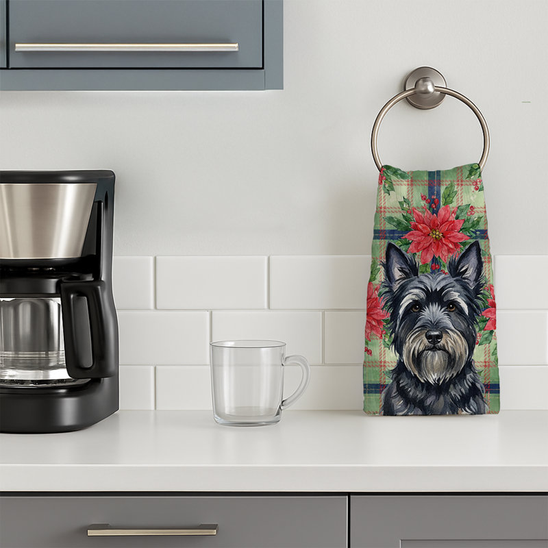 Black Skye Terrier Christmas PoinsettIas Kitchen Towel, Black Skye Terrier