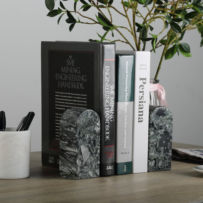 Ensemble de 2 serre-livres en marbre naturel, porte-livre moderne en pierre pour décoration de bibliothèque, Vert / noir