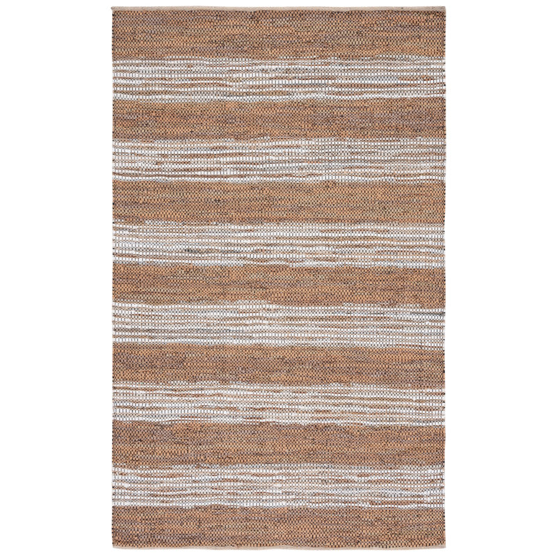 Geremiah Vintage Leather Hand Woven Leather/Jute Striped Rug in Light Brown/Ivory, Rectangle 5' x 8'