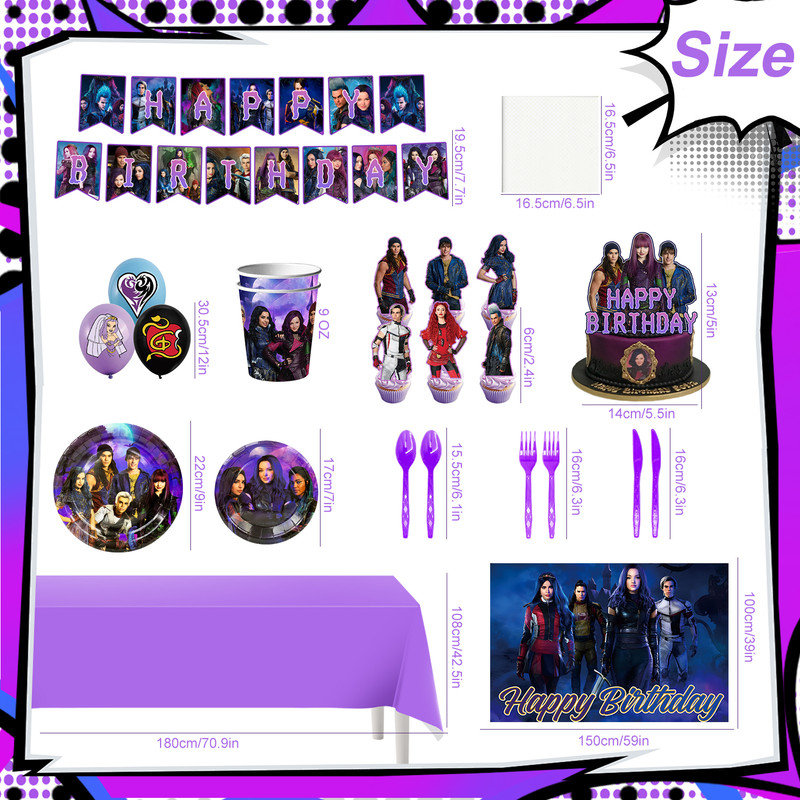 Ensemble de décorations de fête pour enfants Descendants, ensemble de décorations de fête 98 pièces pour enfants