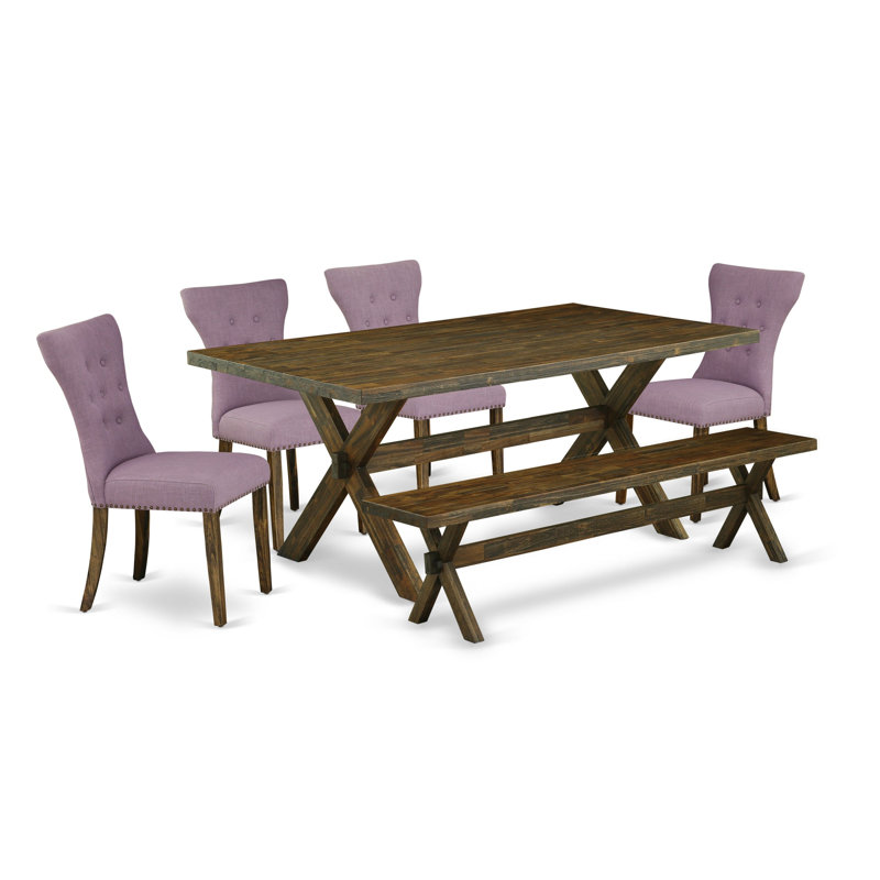 Cet ensemble de salle à manger 6 pièces contient une table de salle à manger rectangulaire avec des pieds en X et 4 chaises Parson en tissu de lin Dahlia avec un banc, Jacobean patiné