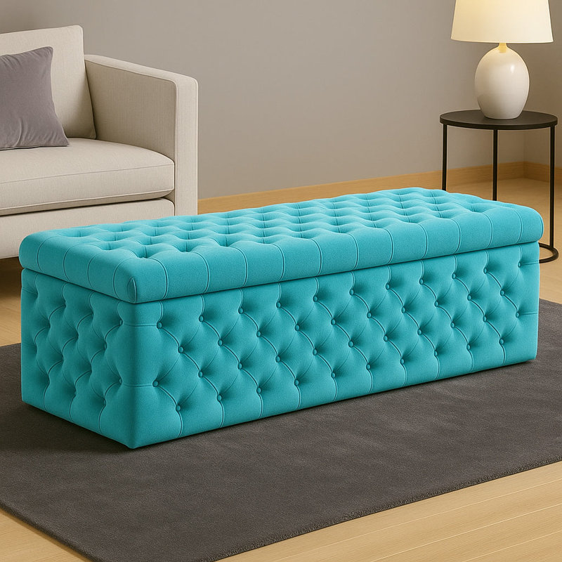 Lux Wide Velvet Chesterfield Rectangle Solid Color Standard Ottoman Box with Storage, 120cm W x 42cm D x 40cm H, Teal
