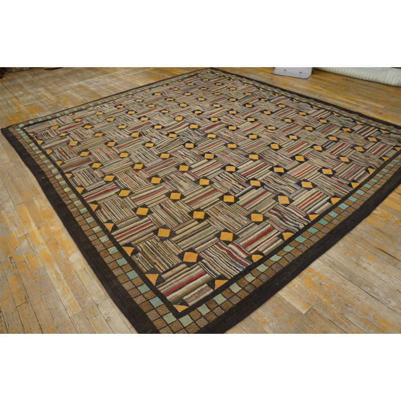 Square Room Size Antique Geometric American Folk Art Basket Weave Design Hooked Rug
