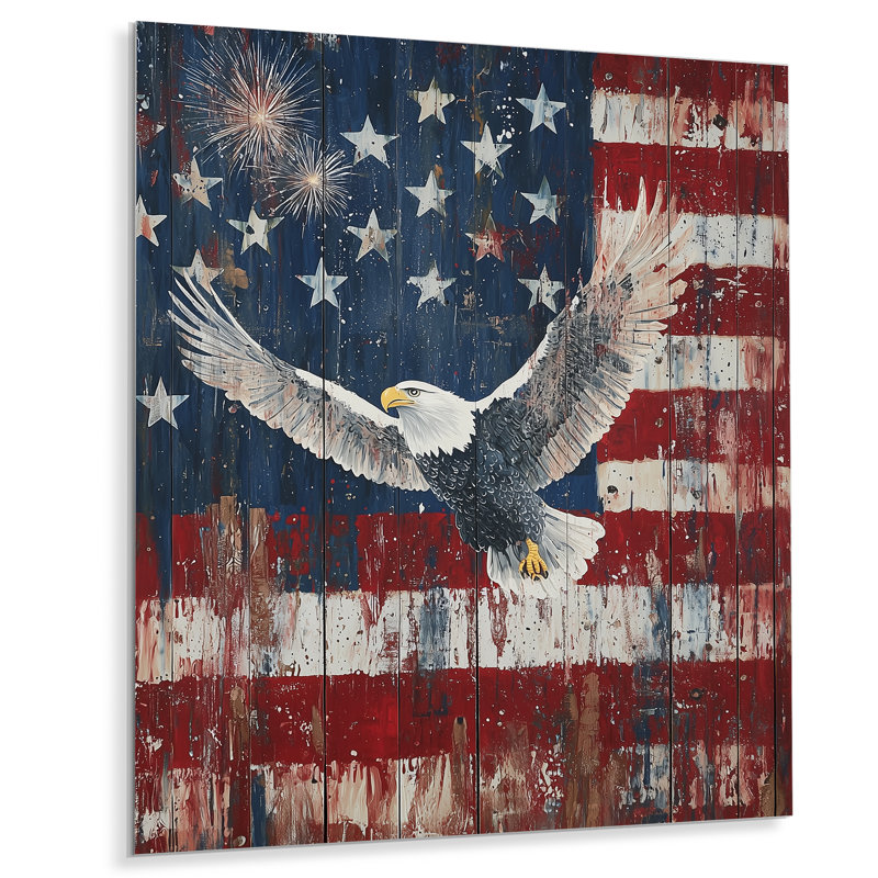 Patriotisme, aigle et drapeau des États-Unis, paysage IV - reproduction d'art moderne en métal, décoration murale en aigle