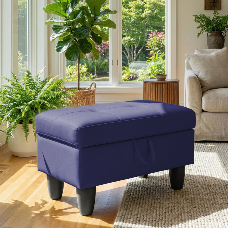 Rectangular Storage Ottoman Bench With Hinged Lid, Faux Leather Footrest For Living Room, Bedroom, Entryway, Blue, 28.5"X19"X17.5"