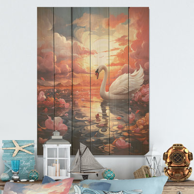 Graceful Mirage Swans - Swans Wood Art On Natural Pine Wood