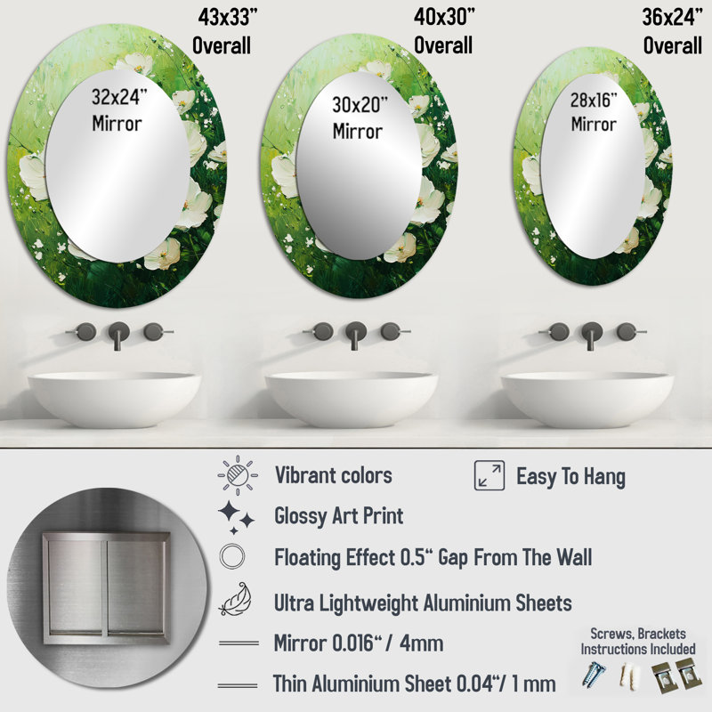 White Wildflower In Spring Bloom III - Traditional Oval Wall Mirror, 40" x 30"