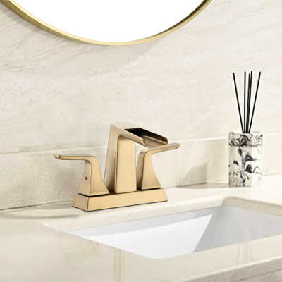 Two Handle Brushed Golden Bathroom Sink Faucet With 4 Inch Waterfall - Solid Brass Build For Durability And Stability Adjustable Water Temperature Double Handles Ceramic Cartridge Fits 2/3 4-Inch
