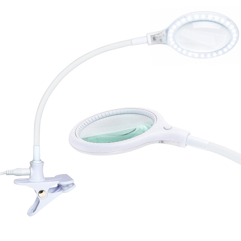 Lampe de bureau grossissante à DEL 1,75 X (3 dioptries) Lightview Pro, col de cygne blanc avec base à pince pour bricolage et lecture