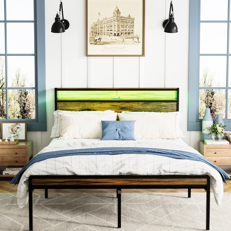 Rustic Brown Queen Bed Frame, Headboard With Storage & Led, Charging Station, Build, No Box Spring, Easy To Assemble, Noise- Comfortable Home Vintage Bed, Led , Structure, Assembly, Quiet Space