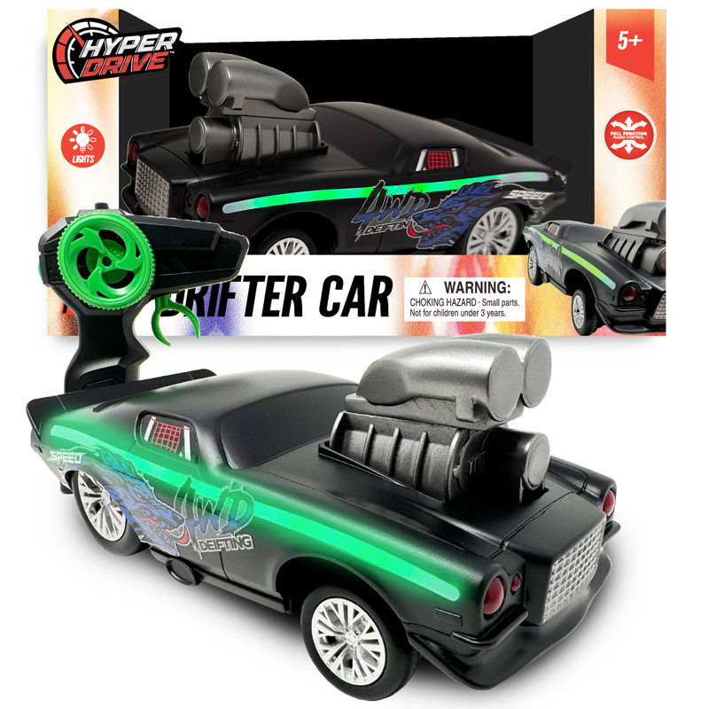 Hyper Drive: voiture de course RC - noire et verte - télécommande 2,4Ghz, véhicule de course Street Racer, lumières DEL multicolores, action de dérive, enfants de 5 ans et plus