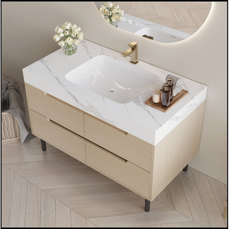Meuble-lavabo moderne avec comptoir en pierre frittée, lavabo encastré et 4 tiroirs, en bois massif imperméable à plusieurs couches, autoportant / mural