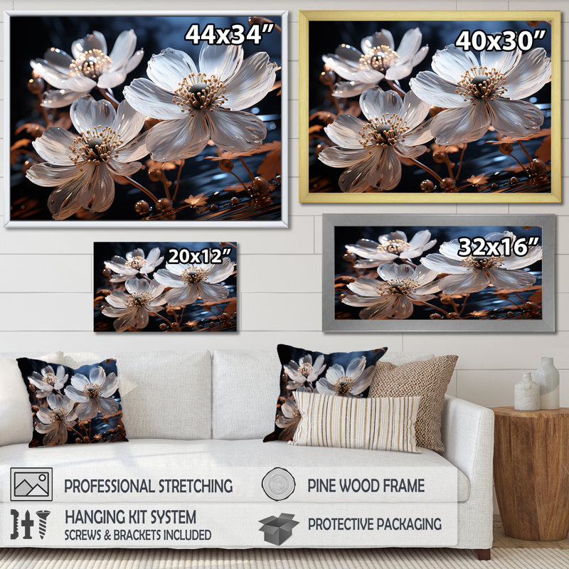 Fleurs transparentes blanches et bleues I sur toile, Toile tendue, 34" H x 44" W