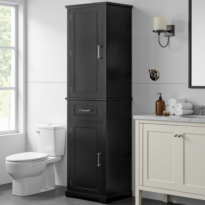 Grande armoire de salle de bain moderne, tour de rangement autoportante de 72 po de hauteur avec tablettes de porte, tiroir et tablettes réglables