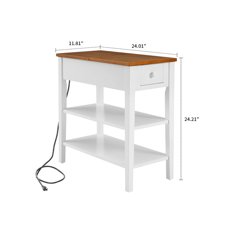 Minimalist Compact Wooden Storage End Table with Charging Station, White