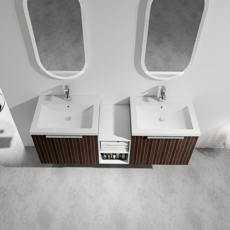 Ensemble de meuble-lavabo flottant à double porte 60 po avec lavabo en résine blanche