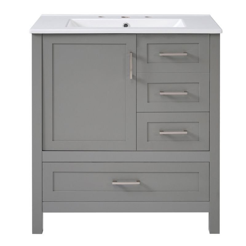 Ensemble de meuble-lavabo avec lavabo 30 po, armoire de rangement pour salle de bain avec porte à fermeture douce, 3 tiroirs à fermeture douce et plateau amovible, structure en bois massif