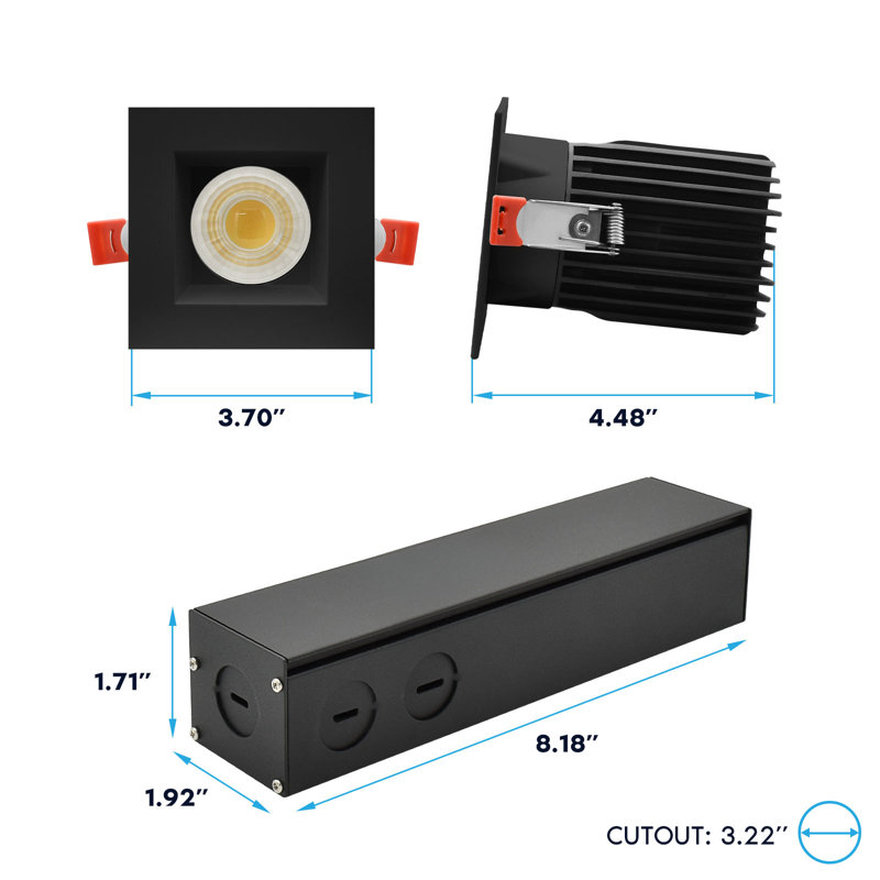 Luxrite 3 po Éclairage encastré à DEL sans cadre à DEL avec garniture carrée noire interchangeable, 5CCT, CRI90, 15 / 20W, 1450 / 2100LM, à intensité variable, faisceau de 60 °