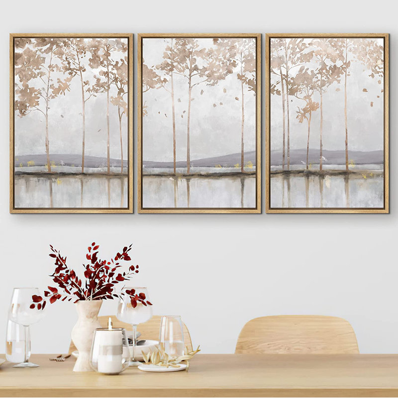 " SIGNLEADER Framed Canvas Print Wall Art Set Pastel Mountain Lake Tree Forest Abstract Shapes Illustration Modern Art Decorative Nordic Minimal Zen For Living Room, Bedroom, Office " 3 - Pieces