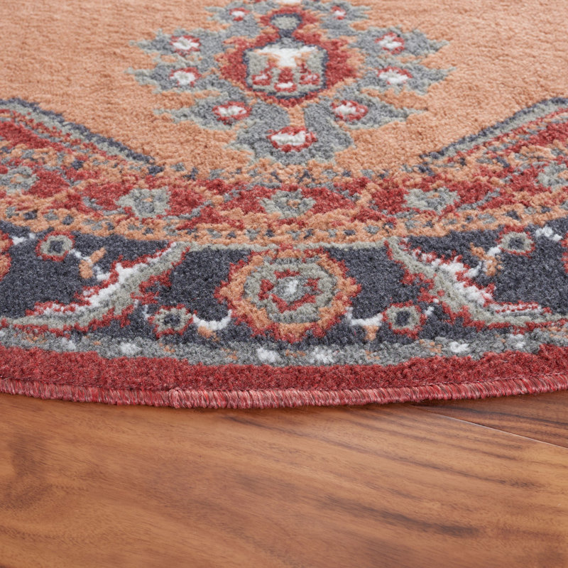 Tapis oriental en polypropylène tissé à la machine Manojlo de couleur rouille / ivoire / gris, Rond 6 pi 7 po