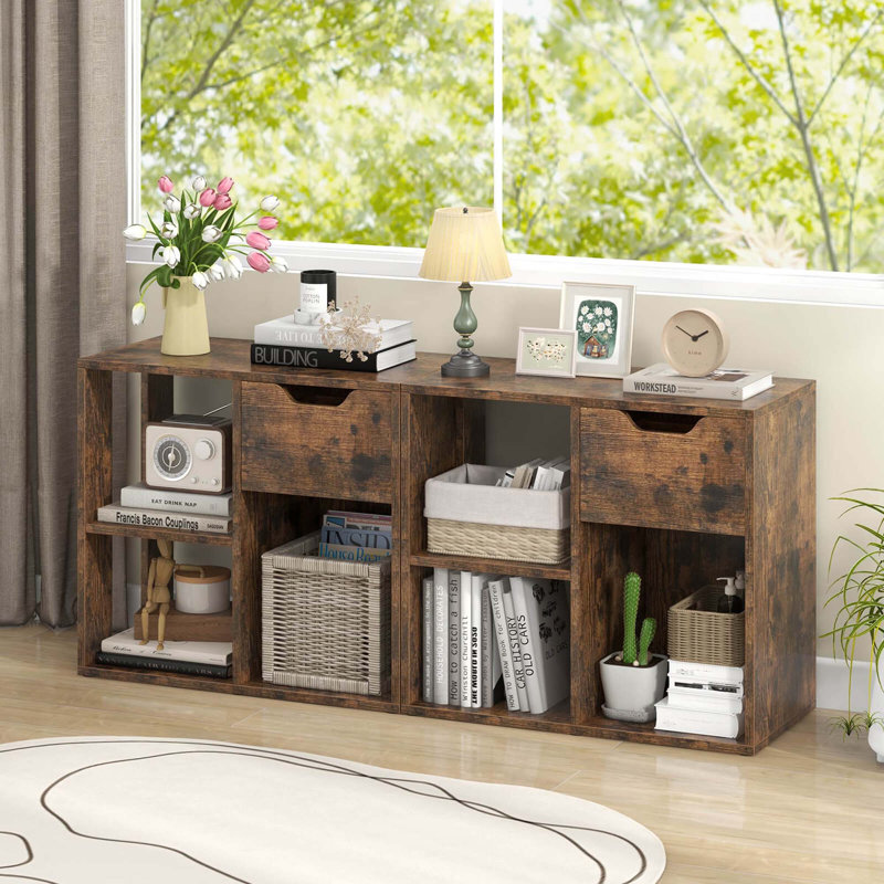  2 Pcs 3-cube Bookshelf 2-tier Open Shelf Bookcase With Drawer Home Storage Organizer