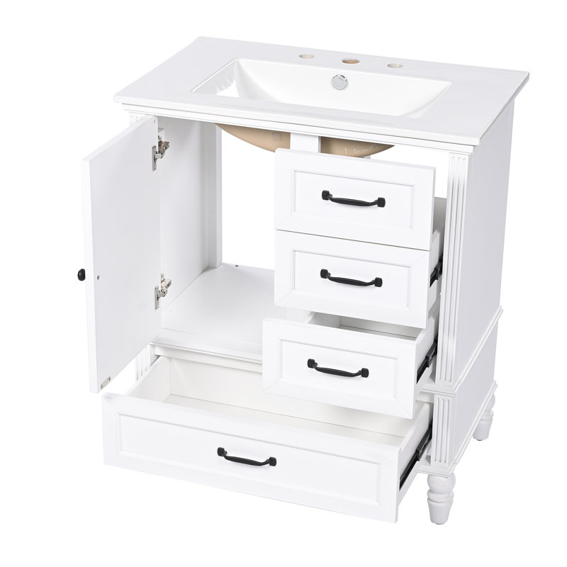 Meuble-lavabo de 30 po avec lavabo, armoire de salle de bain avec porte, trois tiroirs, pieds en bois massif et panneau de fibres à densité moyenne, patins réglables, blanc