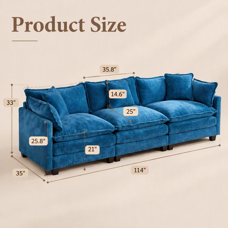 Canapé d'angle en chenille de 114 po, Chenille bleu, H 33 po x l 114 po x P 35 po