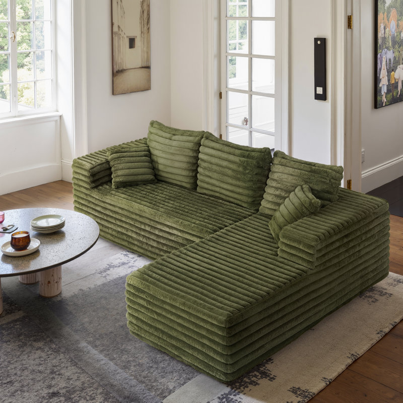 Kustas 2 - Piece Compression No Assembly Required Upholstery Sofa with Pillow, Green Corduroy