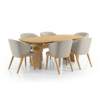 7-Piece Dining Table Set, Seats 6, 82.7" Rectangular Oak Table & 6 Beige Barrel-Back Upholstered Armchairs