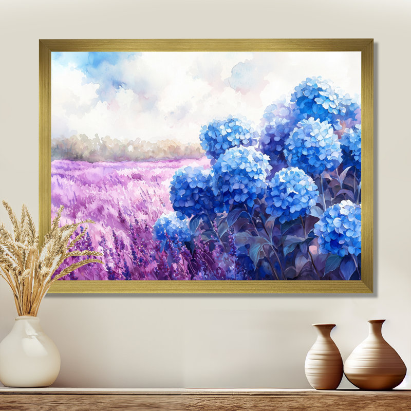 Hortensias dans le champ de lavande IV - hydrangées, art mural, H 34 po x l 44 po, Doré