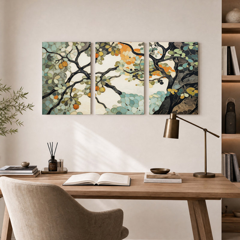Ensemble de 3 tableaux sur toile représentant un arbre en vitrail turquoise et orange, 24"H x 16"W x 3pcs
