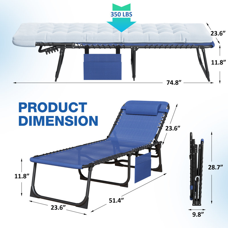 Chaise longue d'extérieur pliable à hauteur ajustable avec matelas, adaptée à la plage, à la pelouse et à la piscine (ensemble de 2)