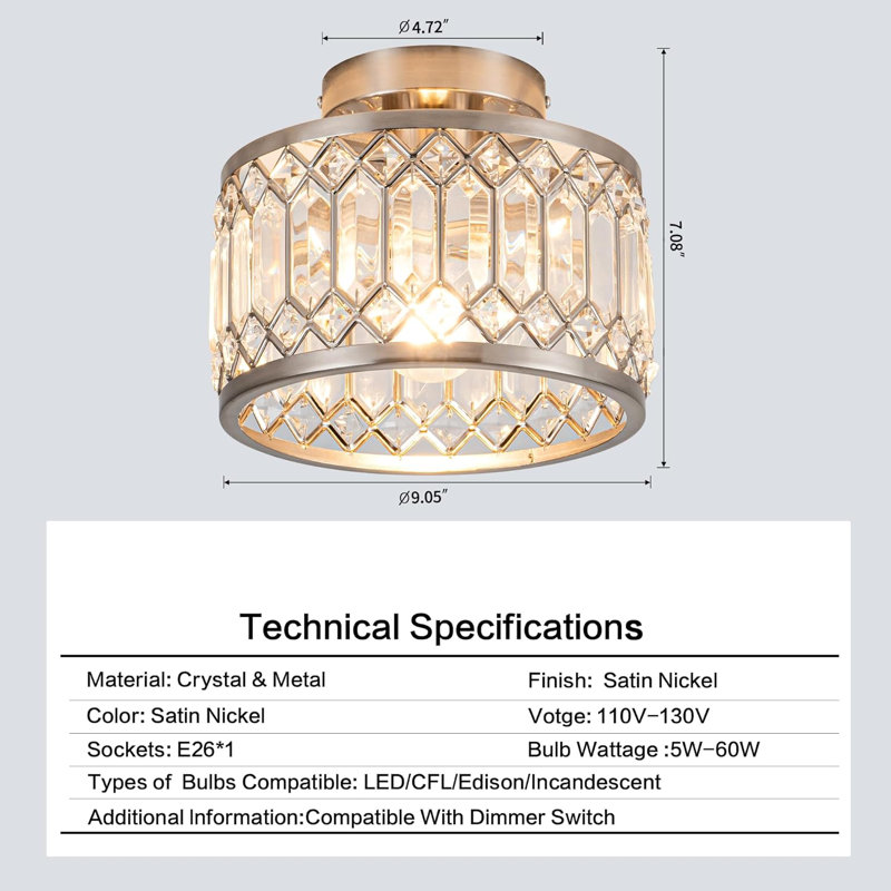 Crystal Ceiling Light Fixture Modern Semi Flush Mount Ceiling Light Crystal Chandelier Nickel Finish (Bulb Not Included)