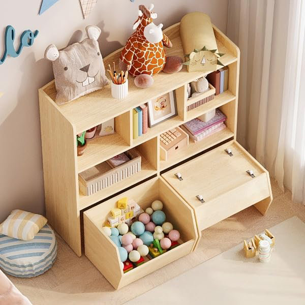 Toy Storage Organizer with 5 Cubbies & 2 Movable Drawers, Kids Bookshelf with Hidden Wheels, Cream