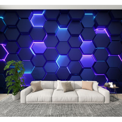 Neon Peel and Stick Wallpaper Futuristic Neon Hexagon Glowing Blue Purple Highlights Wall Murals 100"H x 144"W Removable PVC Wall Paper Self-Adhesive Wall Decor for Bedroom Living Room Home Office