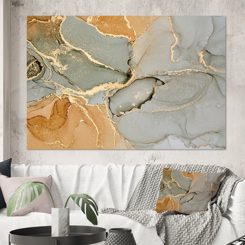 «Brown Luxury Abstract Fluid IV», peinture sur toile, Toile tendue, H 40 po x l 60 po, Sans cadre