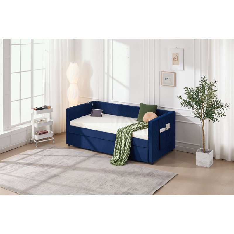 Twin Size Upholstered Daybed with Trundle, Navy