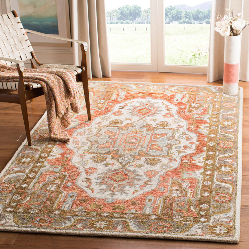 Tapis ivoire / rouge en laine touffeté à la main Marchesini, Rectangle 4 pi x 6 pi
