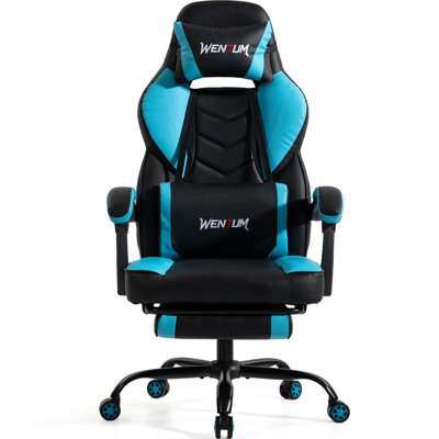 Fauteuil de jeu ergonomique pivotant en similicuir, inclinable et réglable, avec repose-pieds (bleu)