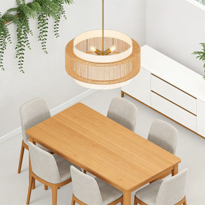 25.6/" Large Rattan Chandelier With 6 Lights And Fabric Lampshade, Farmhouse Boho Pendant Light Fixture For Dining Room, Living Room, Kitchen Island, Hallway And Foyer