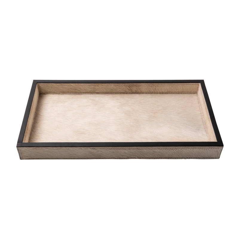 Cream Cow Hide Rectangle Tray With Black Leather Trim - Large, 2" H x 20" W x 10" D