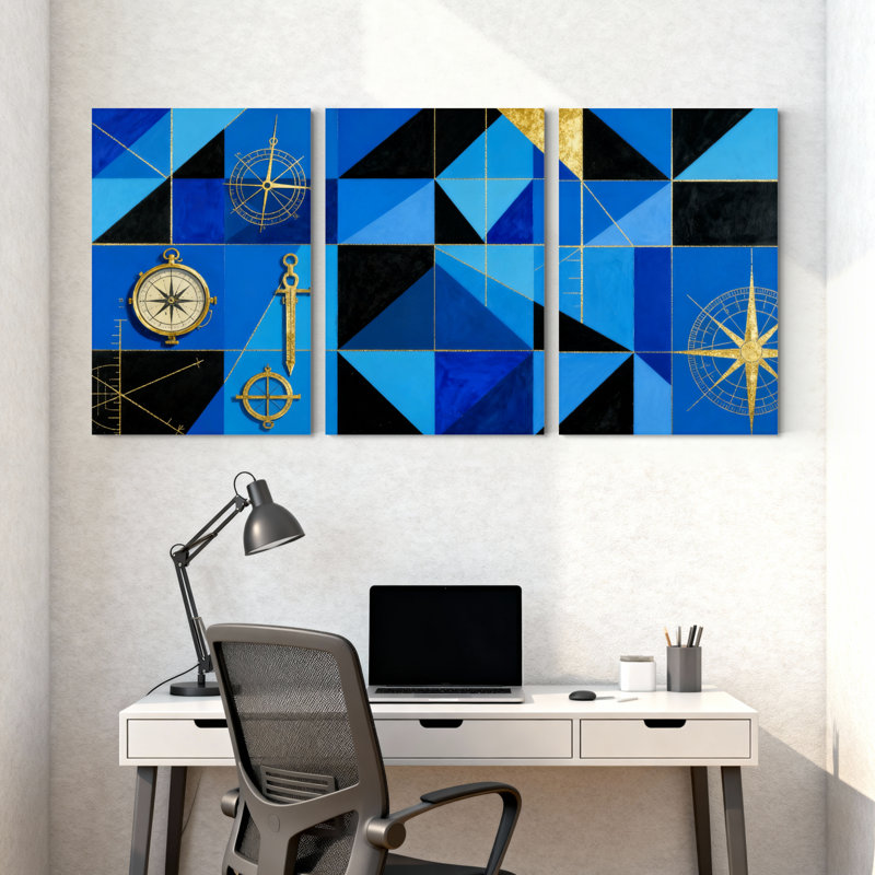 Ensemble de 3 estampes géométriques triangulaires bleues boussole et outils dorés, H 18 po x l 36 po