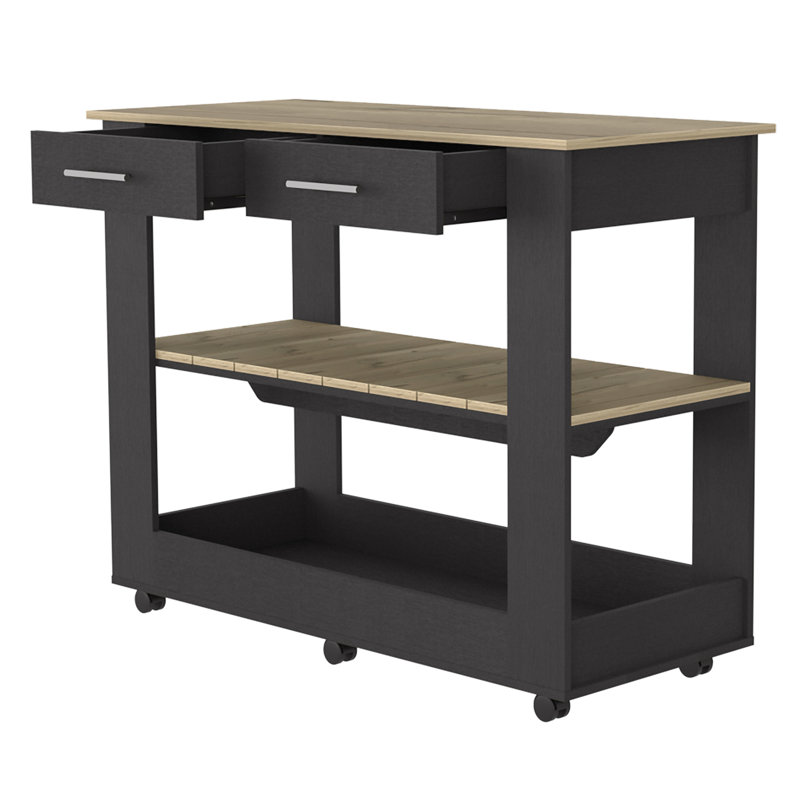 Light Oak Kitchen Island with Drawer Shelves and Casters, Black Pine, 36.5" H x 46" W x 20" D