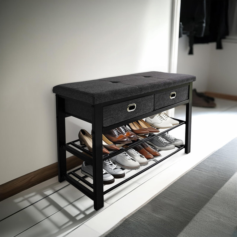 Gray Cushioned Entryway Shoe Bench, 3-Tier Shoe Storage Organizer with 2 Drawers for Hallway & Entryway