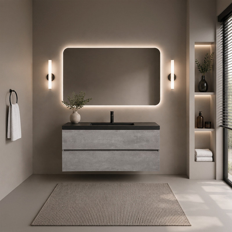 Meuble-lavabo mural de 48 po avec comptoir et lavabo en quartz, armoire gris ciment, 2 tiroirs, L 48 po