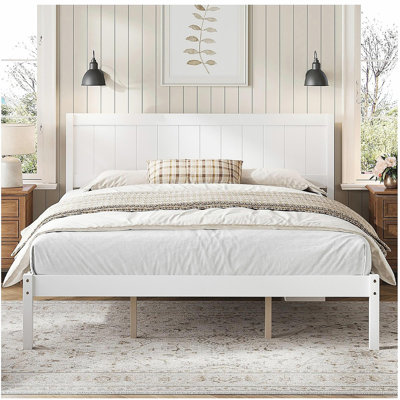 Structure de lit plateforme avec tête de lit, support à lattes de bois, aucun sommier nécessaire, très grand, blanc
