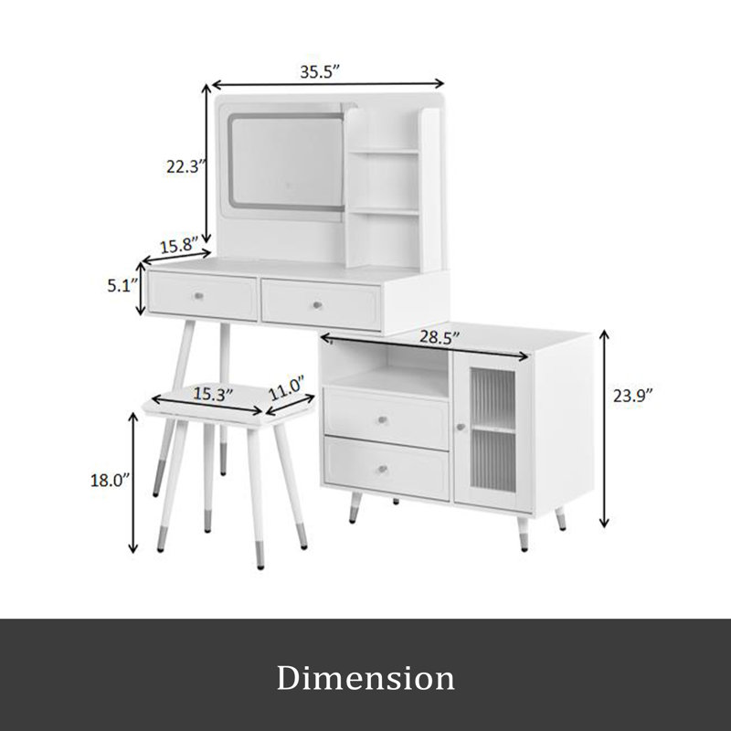 Modern Makeup Vanity Desk With Mirror And Lights, Retractable Dressing Table With Drawers And Cabinet, Compact Makeup Table Set With Power Outlet For Bedroom