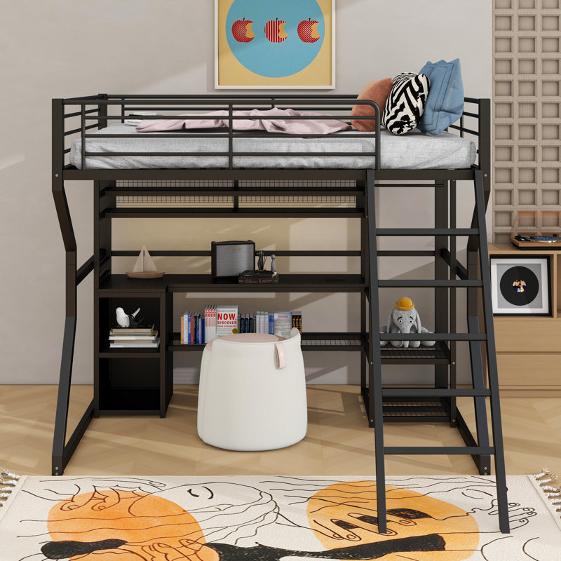 Lit mezzanine double en métal avec poste de travail intégré, garde-robe ouverte, DEL et rangement multiple