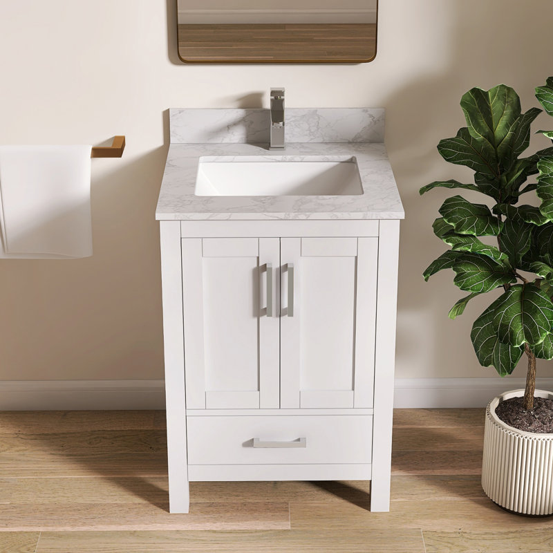 Meuble-lavabo simple 24 po Aura avec comptoir en granite blanc à surface solide et dosseret Aura, 24"